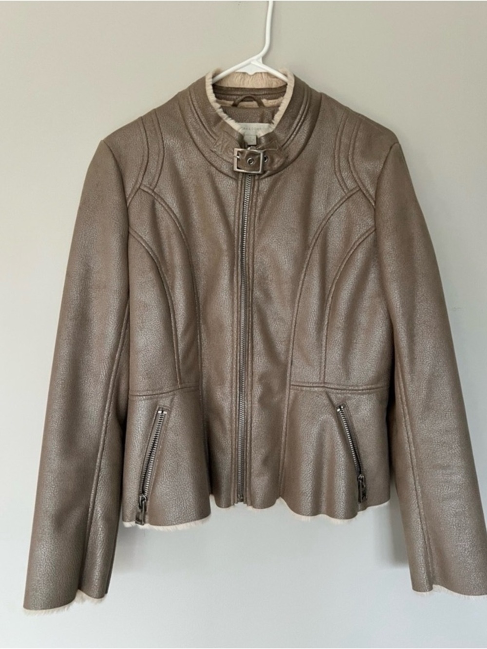 New York & Company Faux Leather Shearling Jacket Moto Taupe Medium M